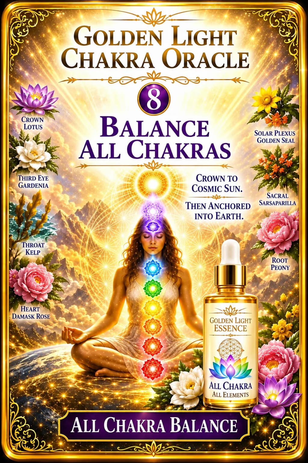 All Chakra, the eighth card from the Golden Light Chakra Oracle, beside the All Chakra essence bottle