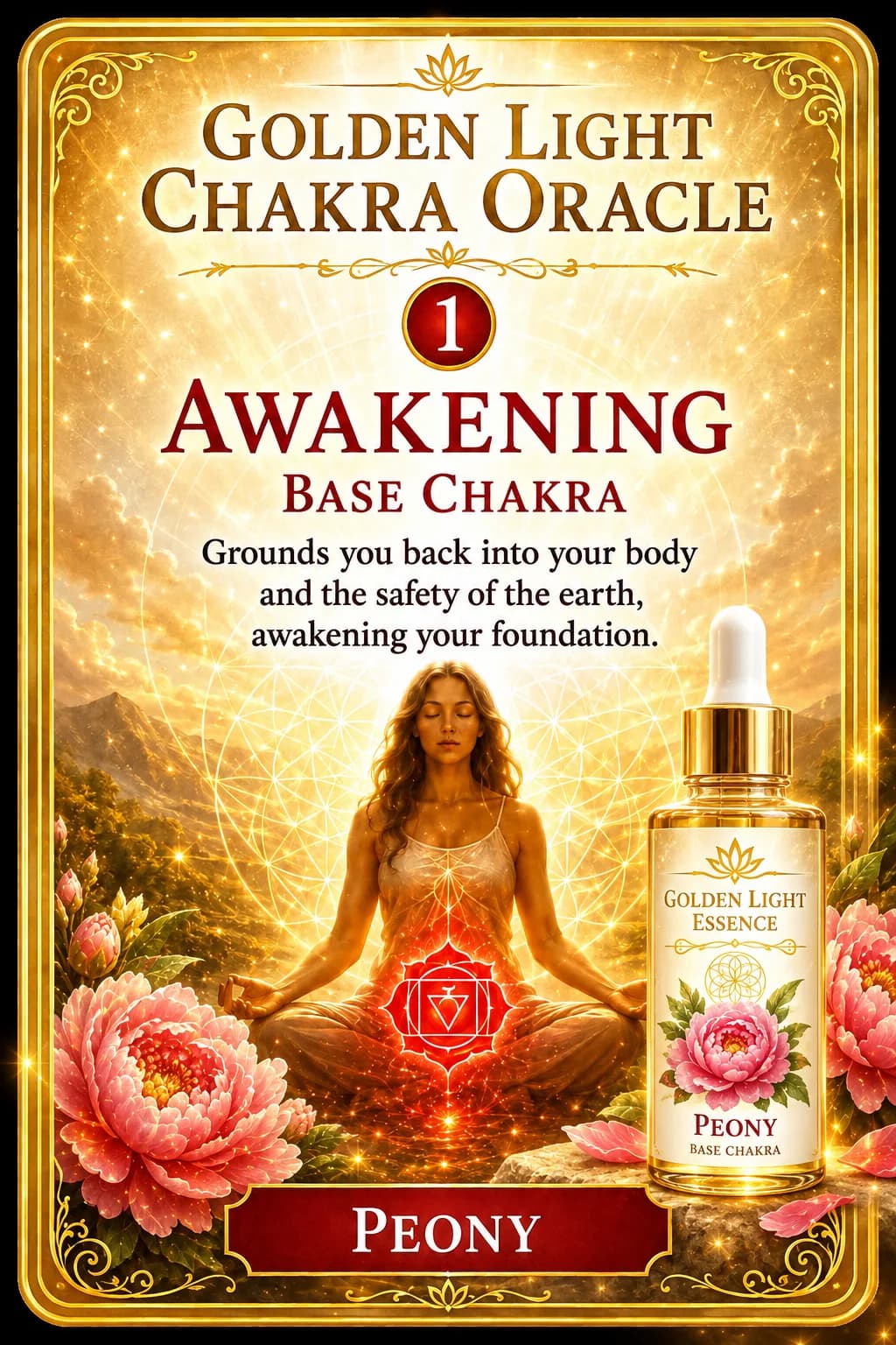 Awakening, the Base Chakra card from the Golden Light Chakra Oracle, beside its Peony essence bottle