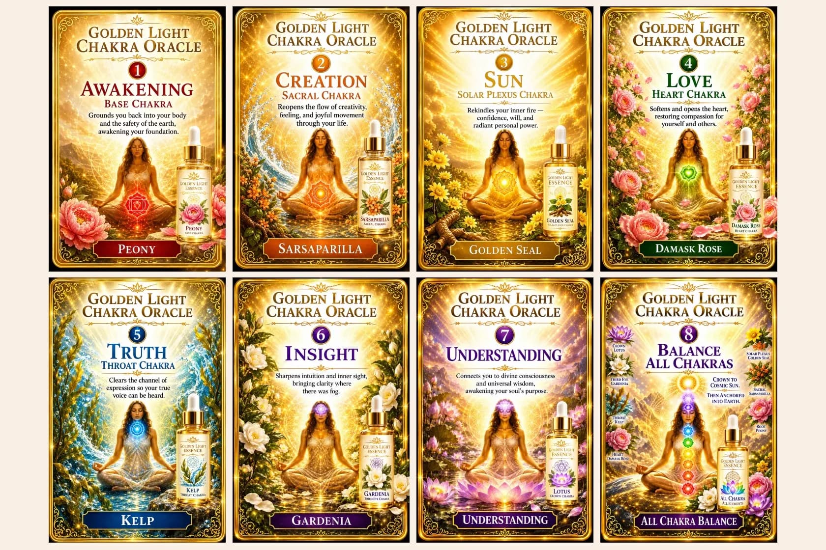 The eight Golden Light Chakra Oracle cards, each shown with its own essence bottle