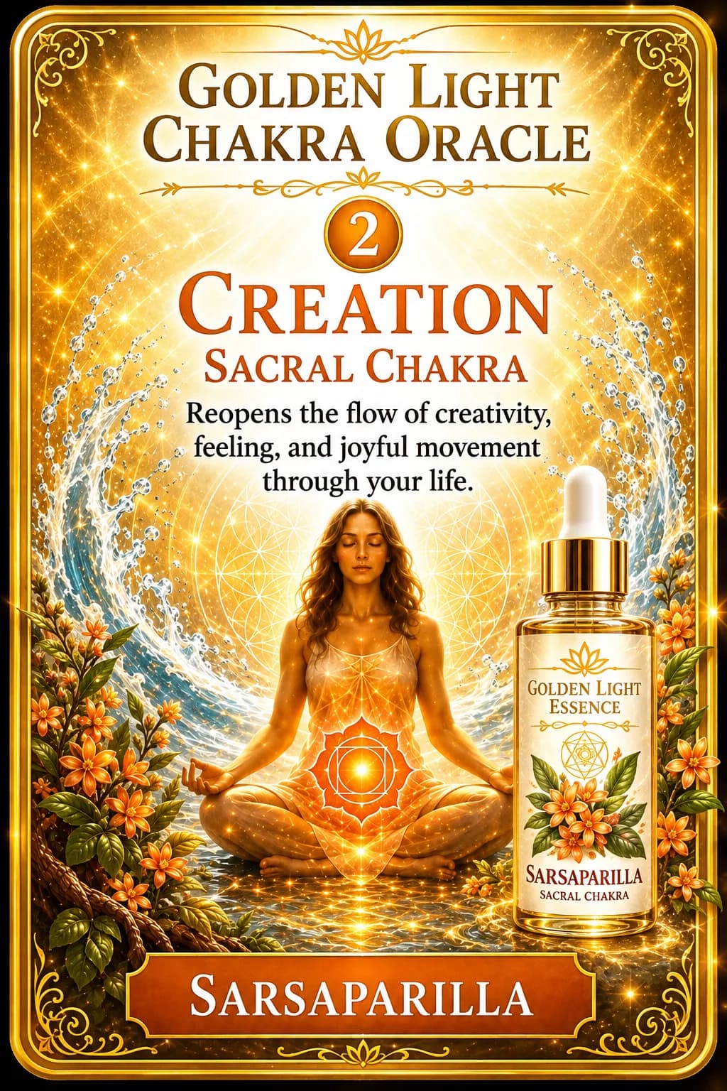 Creation, the Sacral Chakra card from the Golden Light Chakra Oracle, beside its Sarsaparilla essence bottle