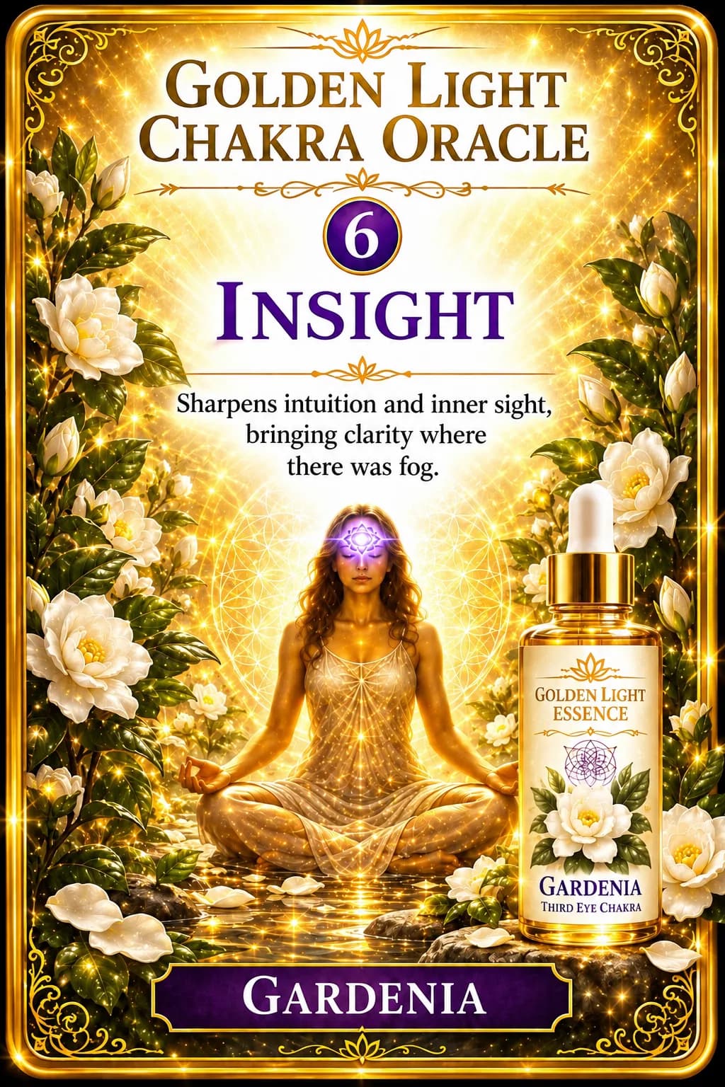 Insight, the Third Eye Chakra card from the Golden Light Chakra Oracle, beside its Gardenia essence bottle