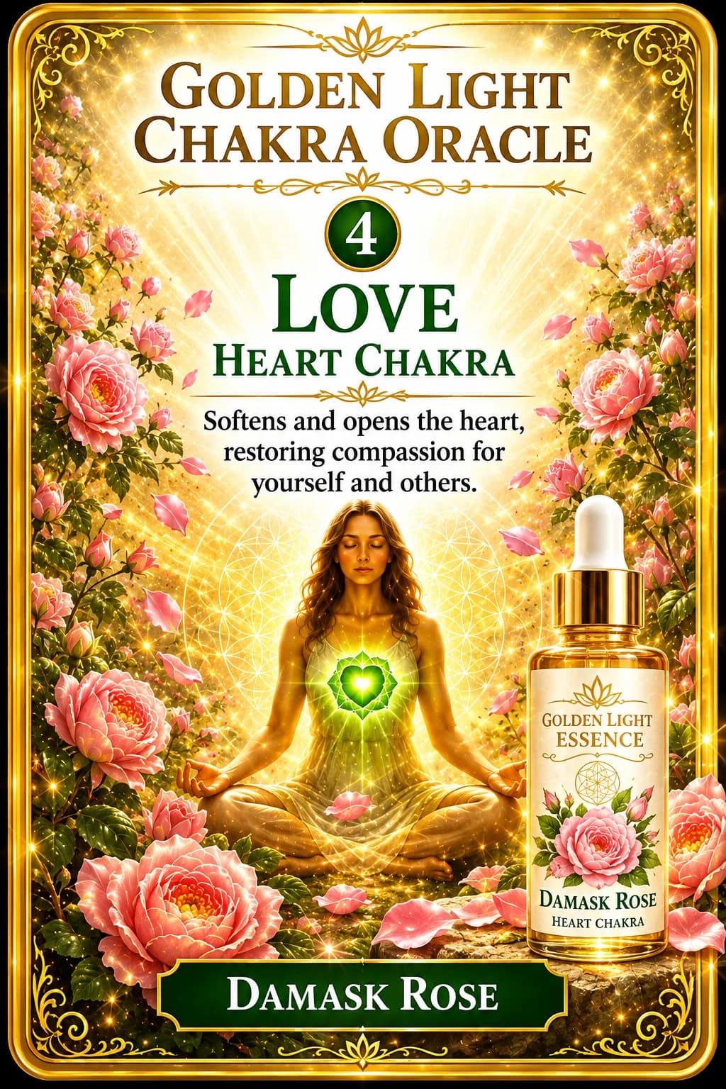 Love, the Heart Chakra card from the Golden Light Chakra Oracle, beside its Damask Rose essence bottle