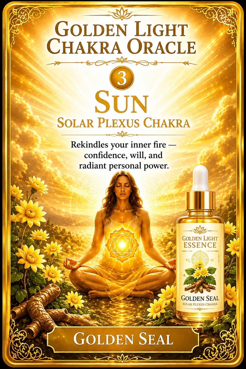 Sun, the Solar Plexus Chakra card from the Golden Light Chakra Oracle, beside its Golden Seal essence bottle