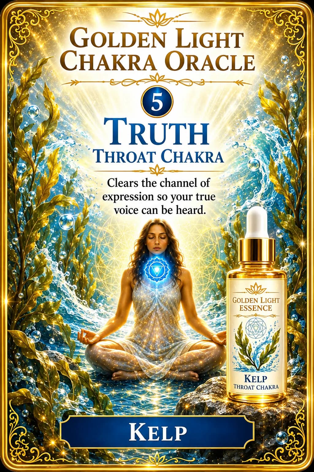 Truth, the Throat Chakra card from the Golden Light Chakra Oracle, beside its Kelp essence bottle