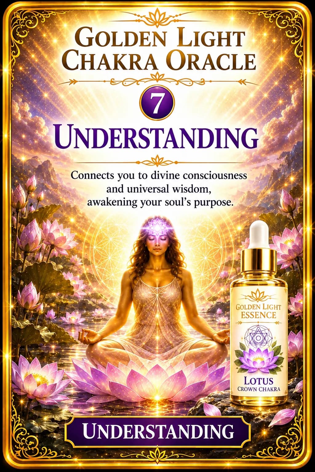 Understanding, the Crown Chakra card from the Golden Light Chakra Oracle, beside its Lotus essence bottle