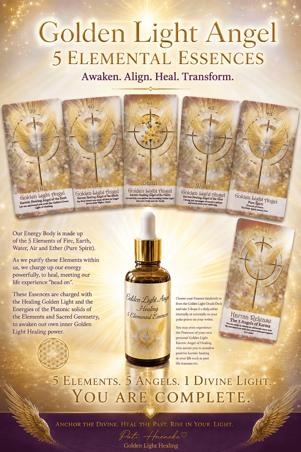 The five Golden Light Angel Elemental Essence cards with the healing essence bottle and Karma Release card