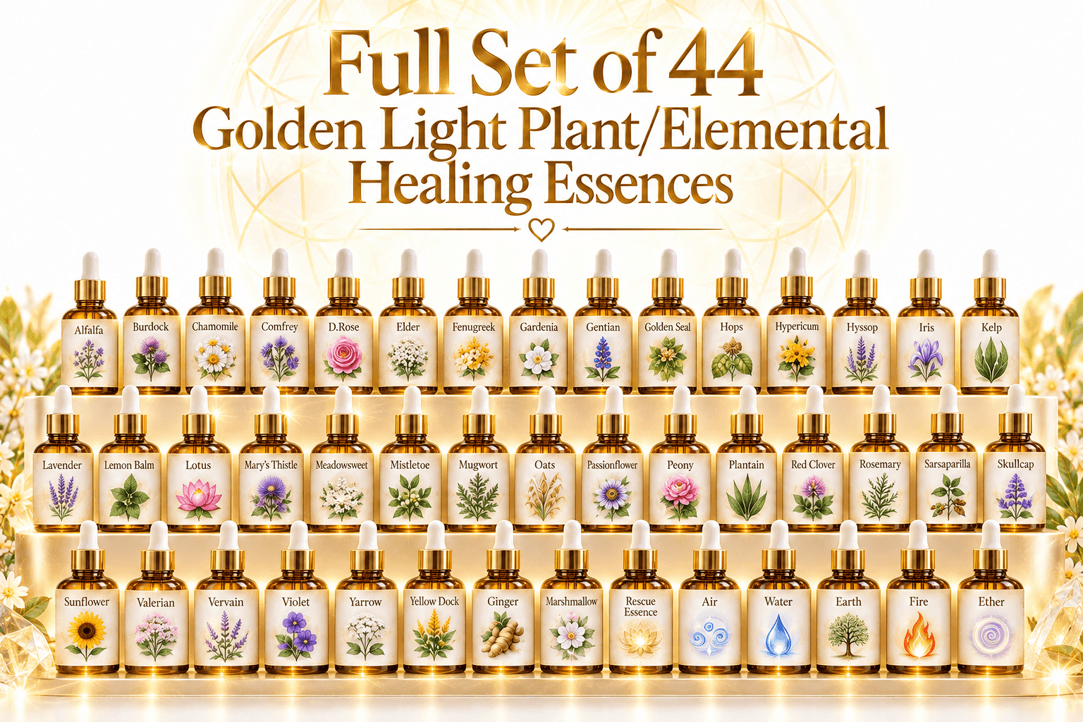 The full set of 44 Golden Light Plant and Elemental Healing Essences