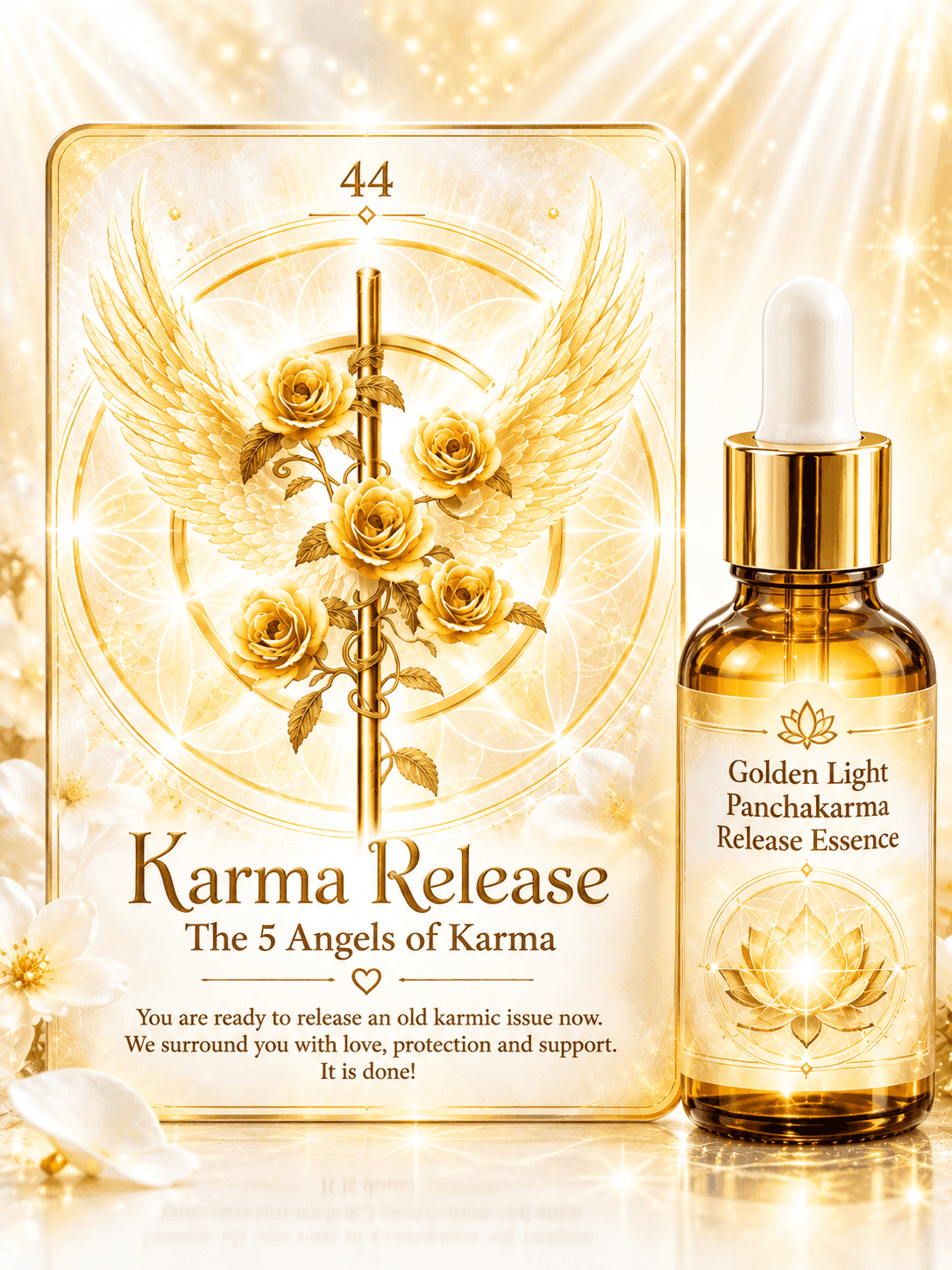 Karma Release card 44 beside a Golden Light Panchakarma Release Essence bottle