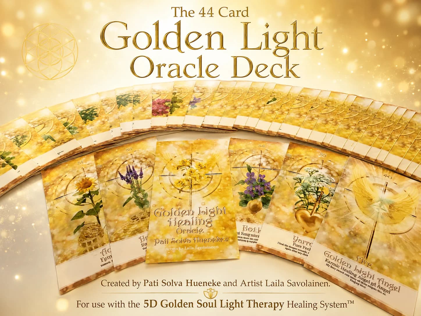 The 44-card Golden Light Oracle Deck by Pati Solva Hueneke with artwork by Laila Savolainen
