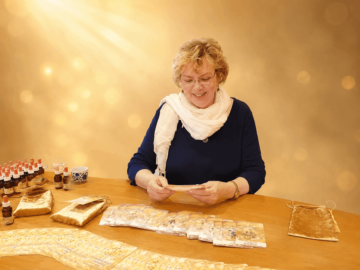 Pati Solva Hueneke with Golden Light essences and Oracle cards