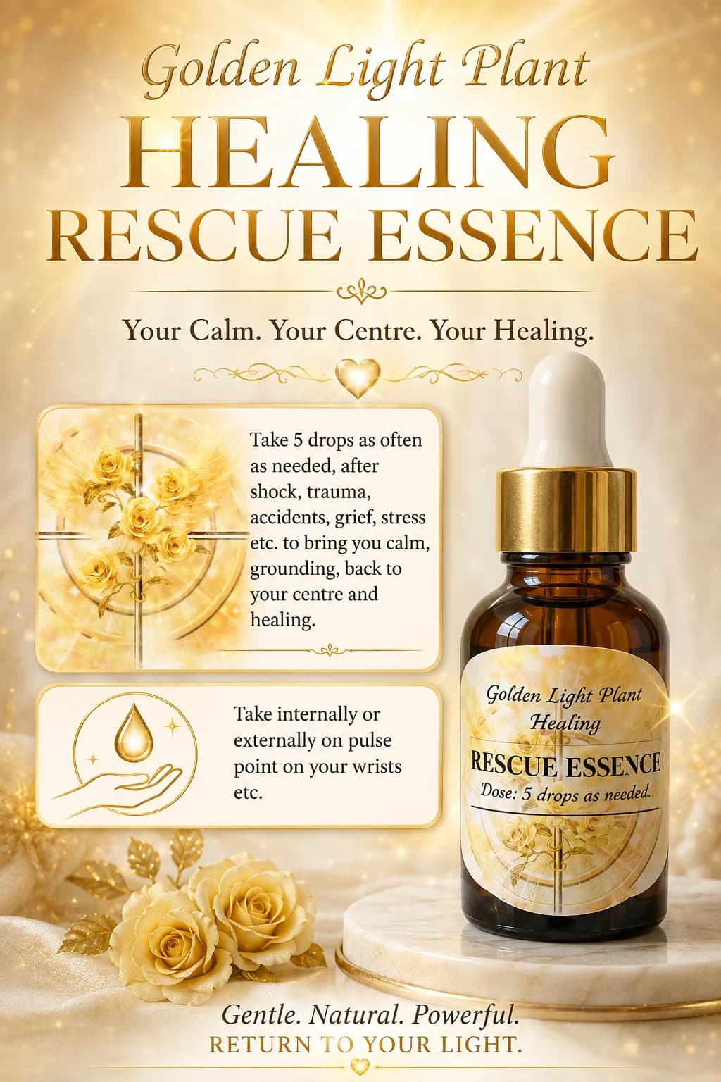 Golden Light Plant Healing Rescue Essence poster with Pati's suggested use